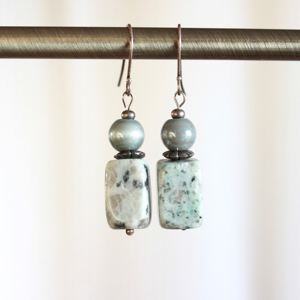 Handcrafted K2 Jasper Style Stone and Grey Cat's Eye Glass Drop Earrings Boho